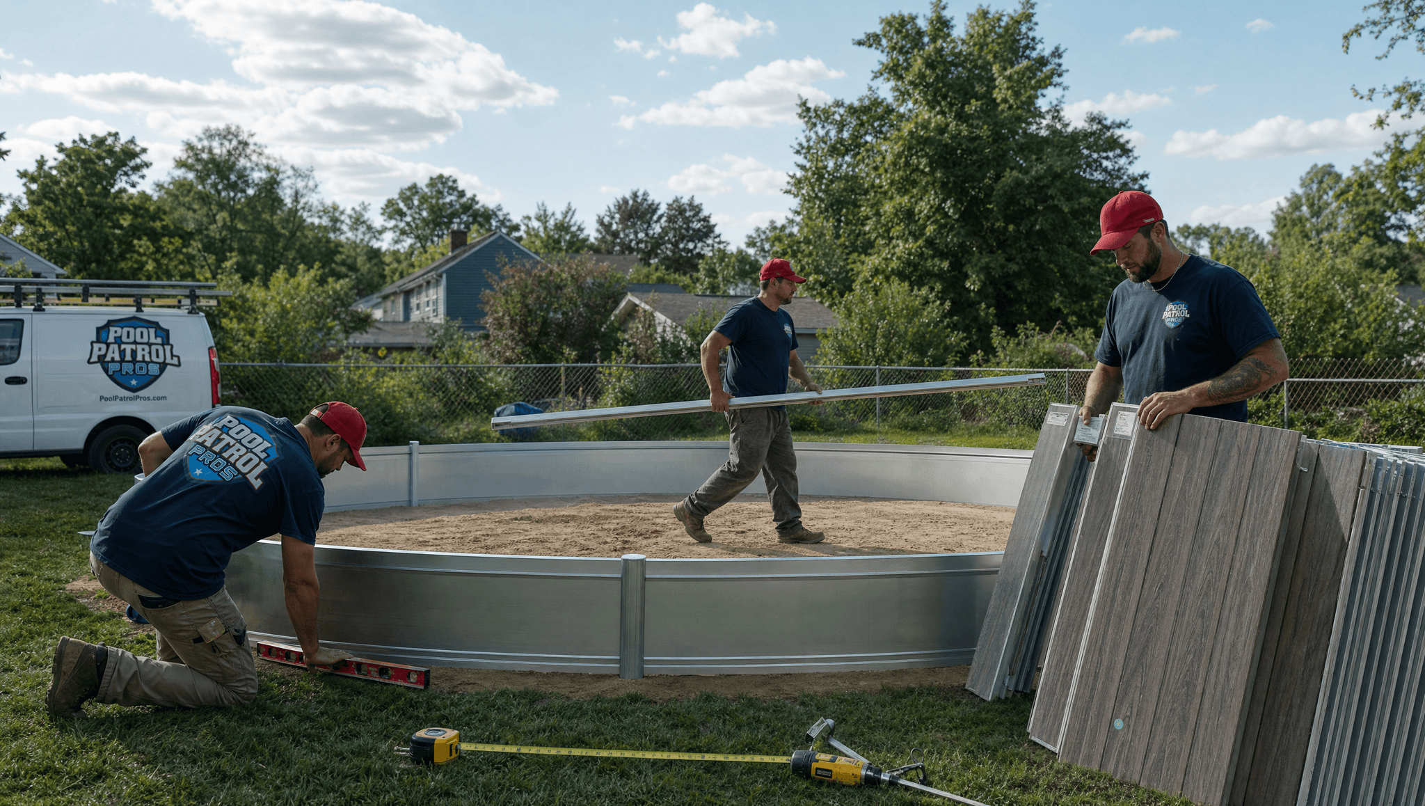 Pool Patrol Pros crew installing an above-ground pool in a Pennsylvania backyard