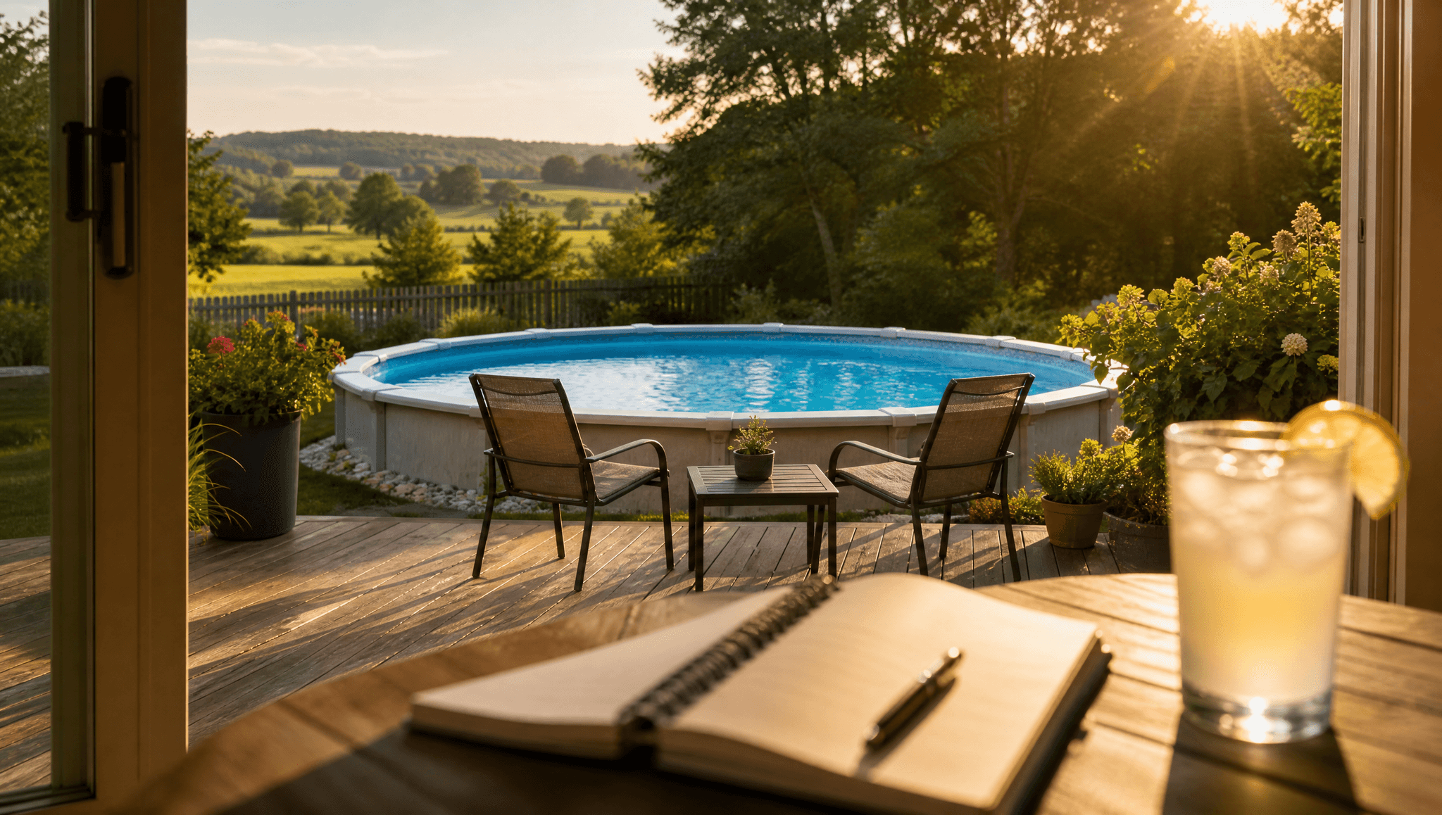 A Pennsylvania backyard pool at golden hour, ready for summer