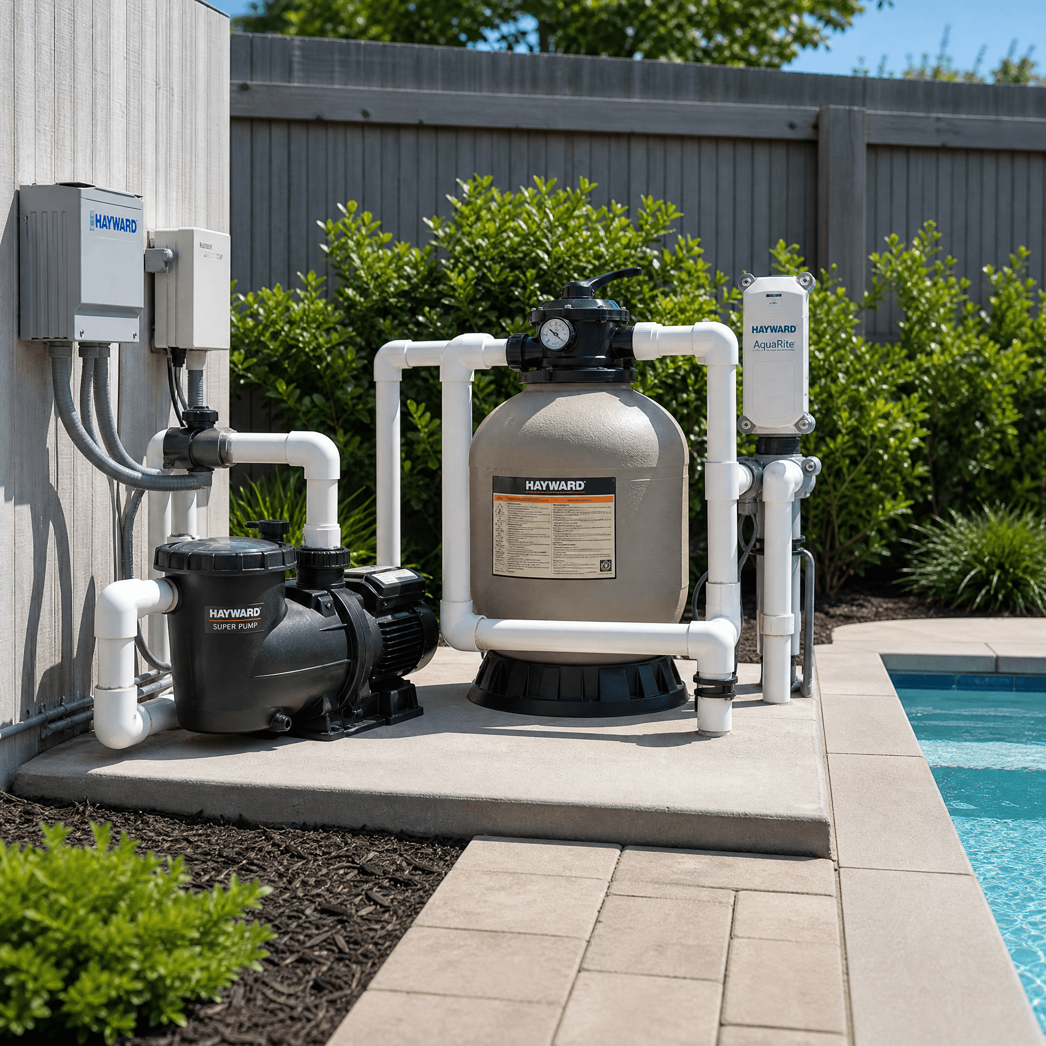 Pool pump and filter equipment lined up for repair and replacement