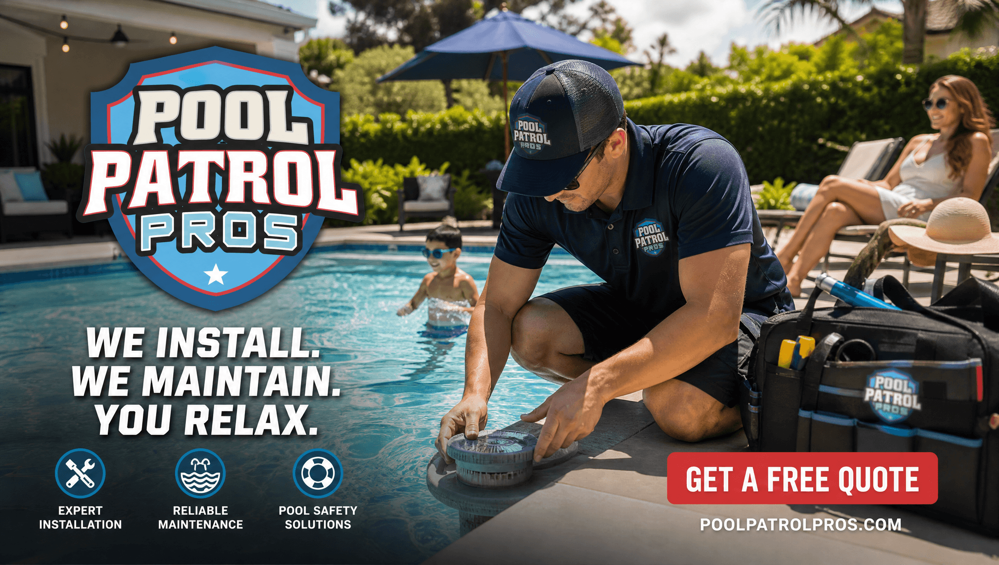 A Pool Patrol Pros family backyard scene — kids enjoying a sunny summer pool day