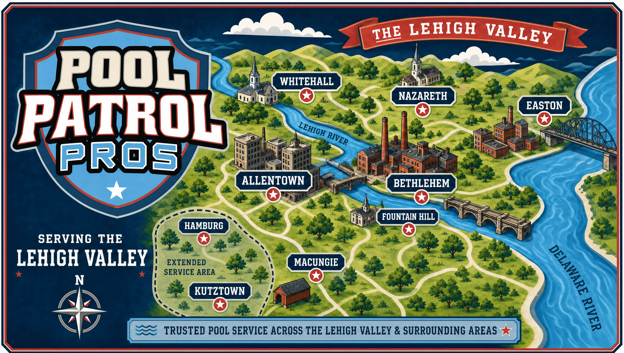 Illustrated map of the Lehigh Valley service area for Pool Patrol Pros