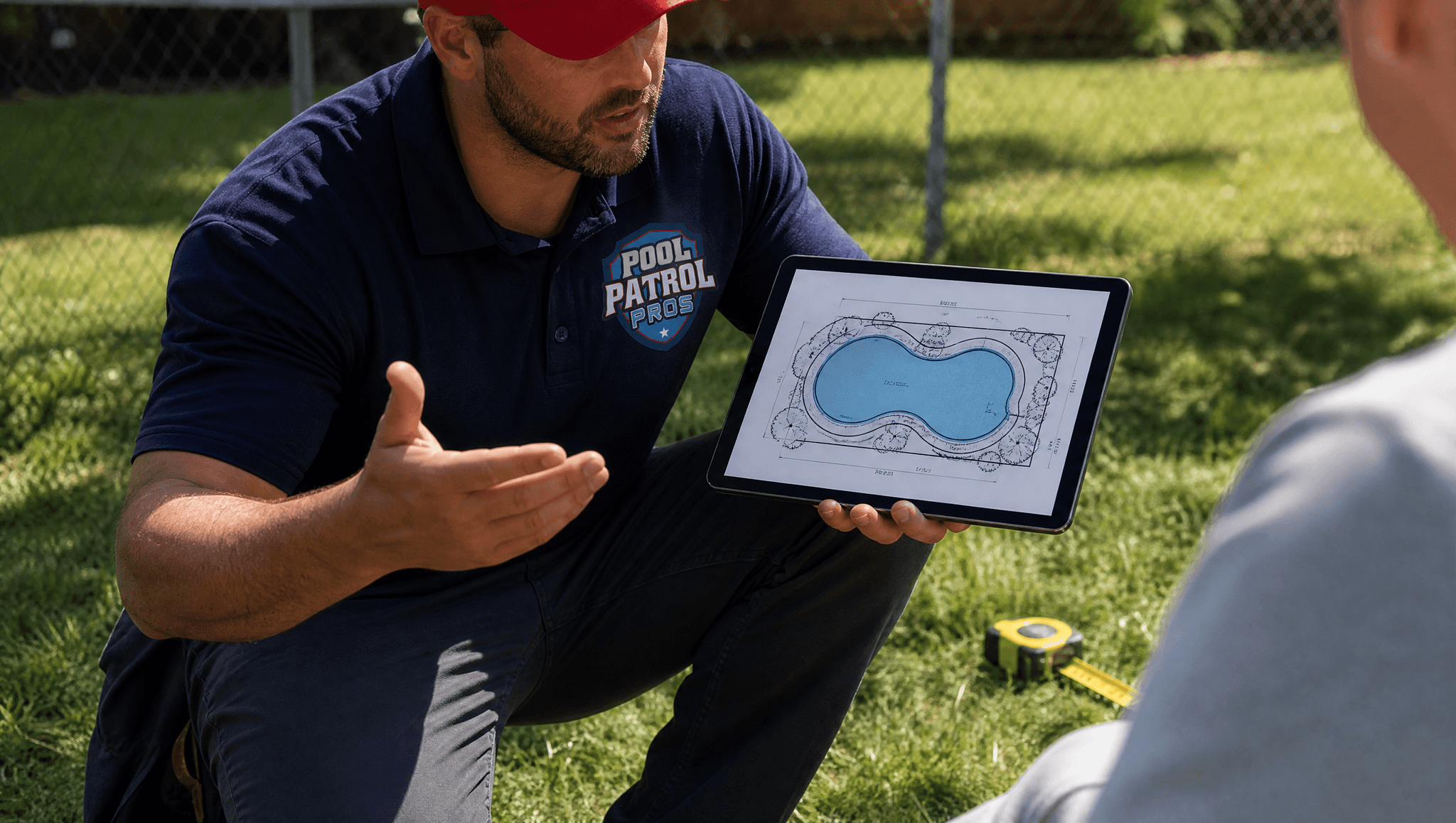 Pool Patrol Pros crew leader walking a Pennsylvania backyard with a tablet